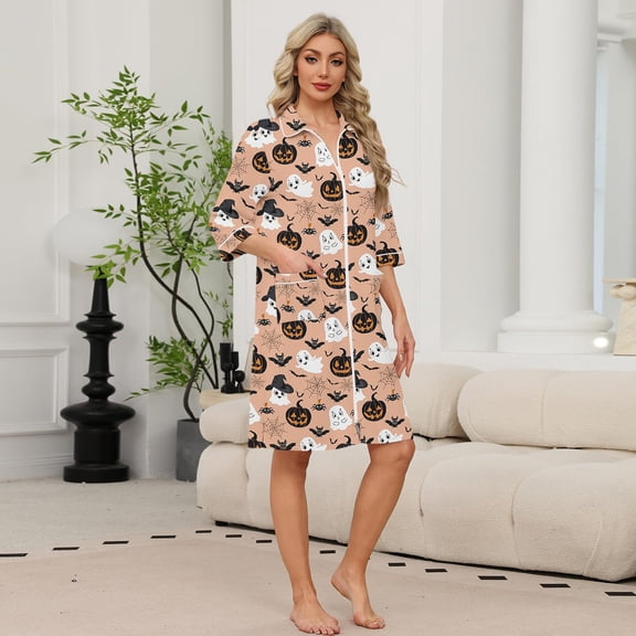 Robes for Women Above Knee 3/4 Sleeve Bathrobe Casual Zip Up House Coats Soft Breakfast Gown with Pockets