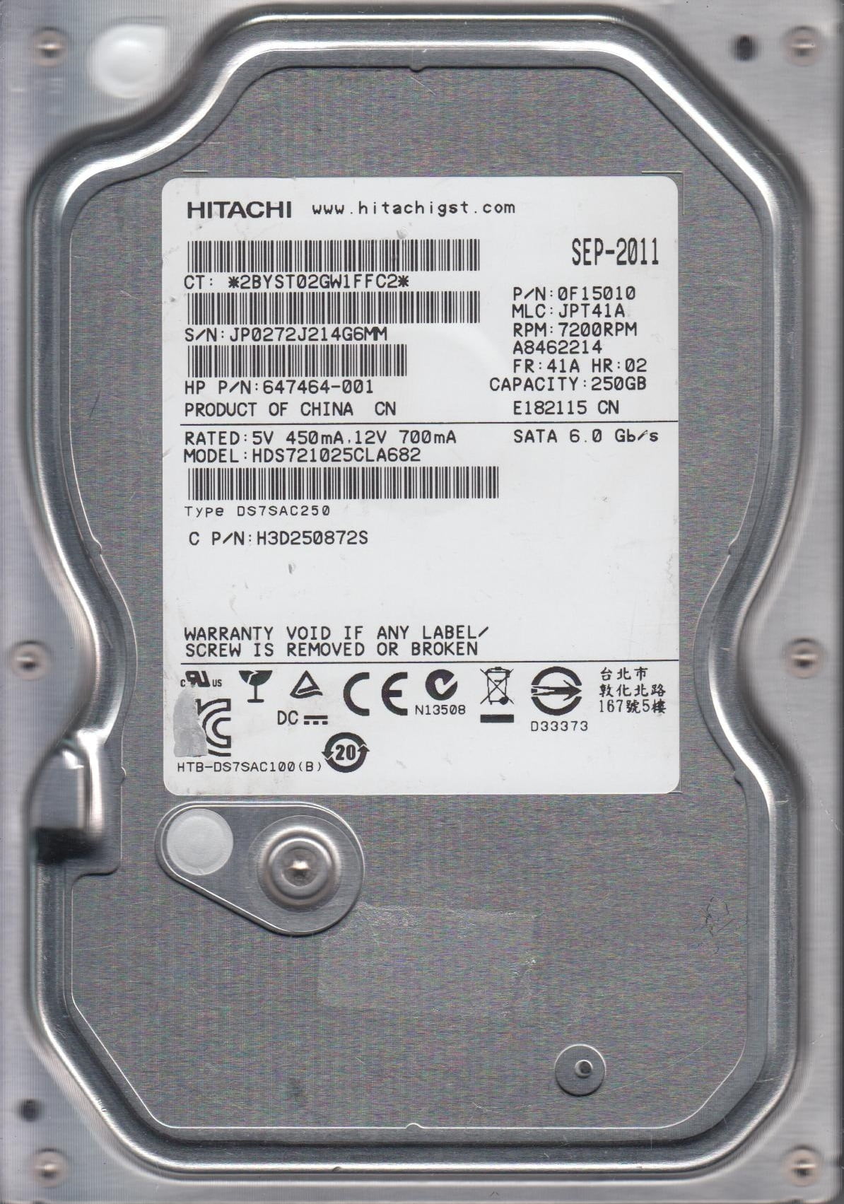HDS721025CLA682, PN 0F15010, MLC JPT41A, Hitachi 250GB SATA 3.5