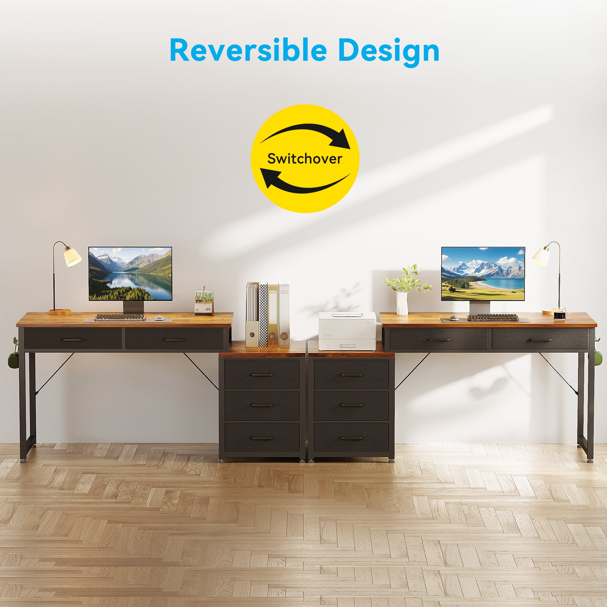 Casacomoda Computer Desk with 5 Drawers & Printer Stand, Reversible Storage Desk for Home Office, 53 Inch Writing Desk with Headphone Hook, Vintage