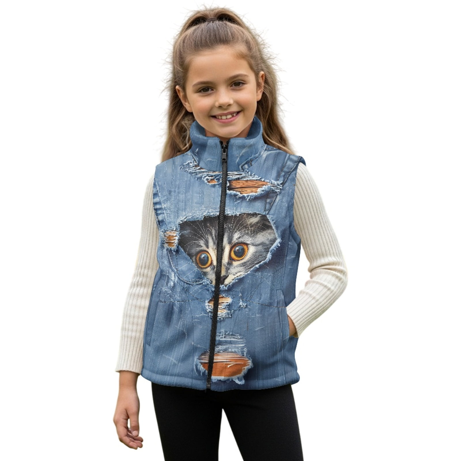 Xixirimido Denim & Cute Cat Pattern Girls Fleece Vest Kids Zip-up Vest Sleeveless Stand Collar Jacket with Pockets Fall Winter Outerwear for 3T