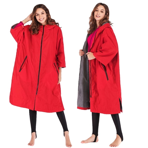 Yuarrent Chaqueta cálida Abrigo Mujer Mantener caliente Absorbente del sudor Traje de secado rápido Manga Toallas grandes Cambio de Traje de baño Rojo+Gris