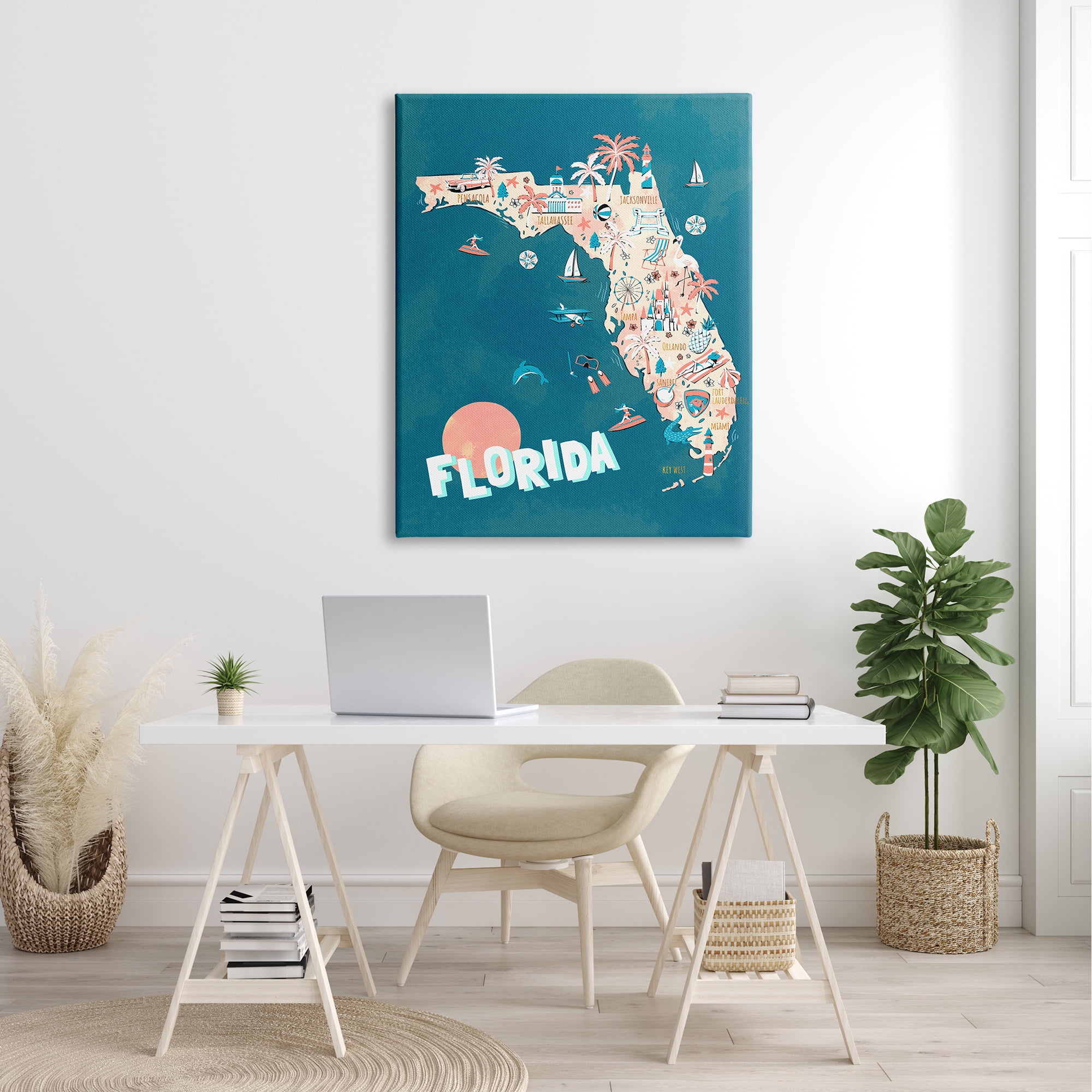 Stupell Industries Florida Sunny State Retro Vacation Tourism Vivid Map,36 x 48, Design by Ziwei Li