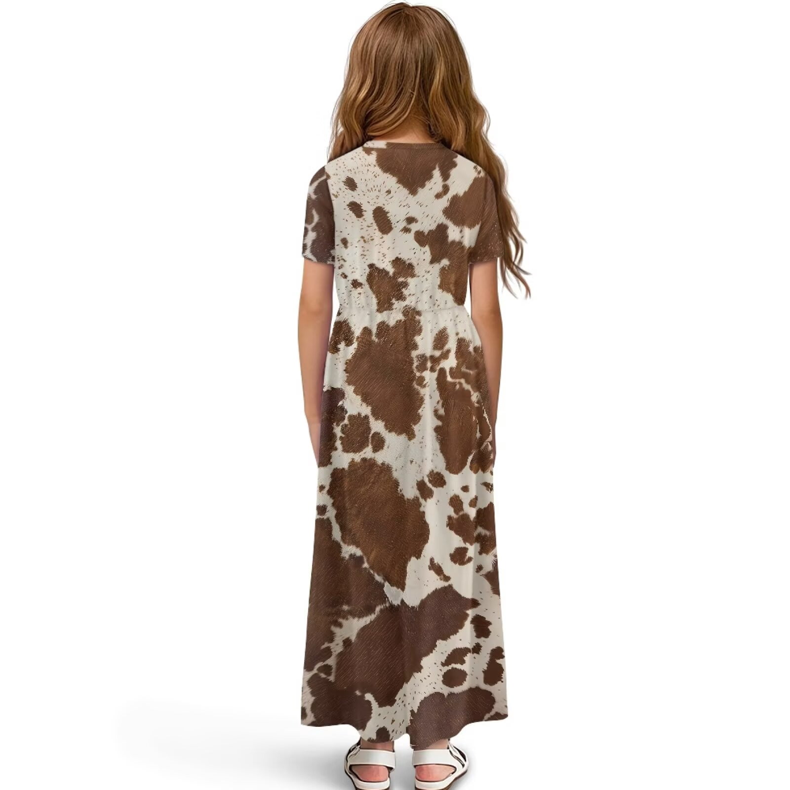 Uourmeti Girls Elegant Maxi Dress, Brown Cow Printed Short Sleeves Dress with Pockets Summer Long Holiday Dresses, Size 9-10 Years