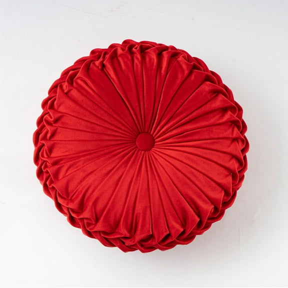 13.8 inch Round Sofa Cushion Pure Color Velvet Pillow, Pleated Round Cushion, Pumpkin Pillow Suitable for Home Bed car Decoration, Red