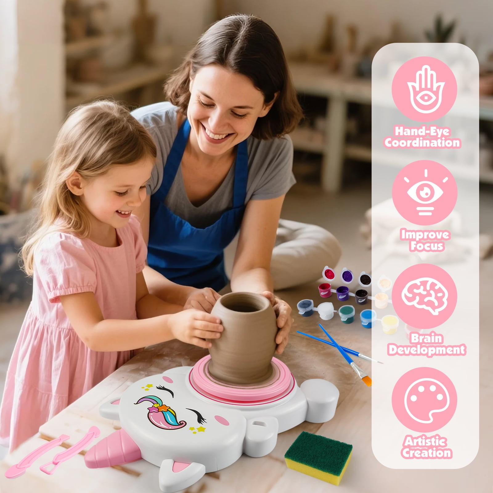 DIY Pottery Wheel Kit with 3 Pack Air-Dry Clay for Kids,Kids Pottery Craft Set, Ages 6+, Holiday Gift for Creative Play