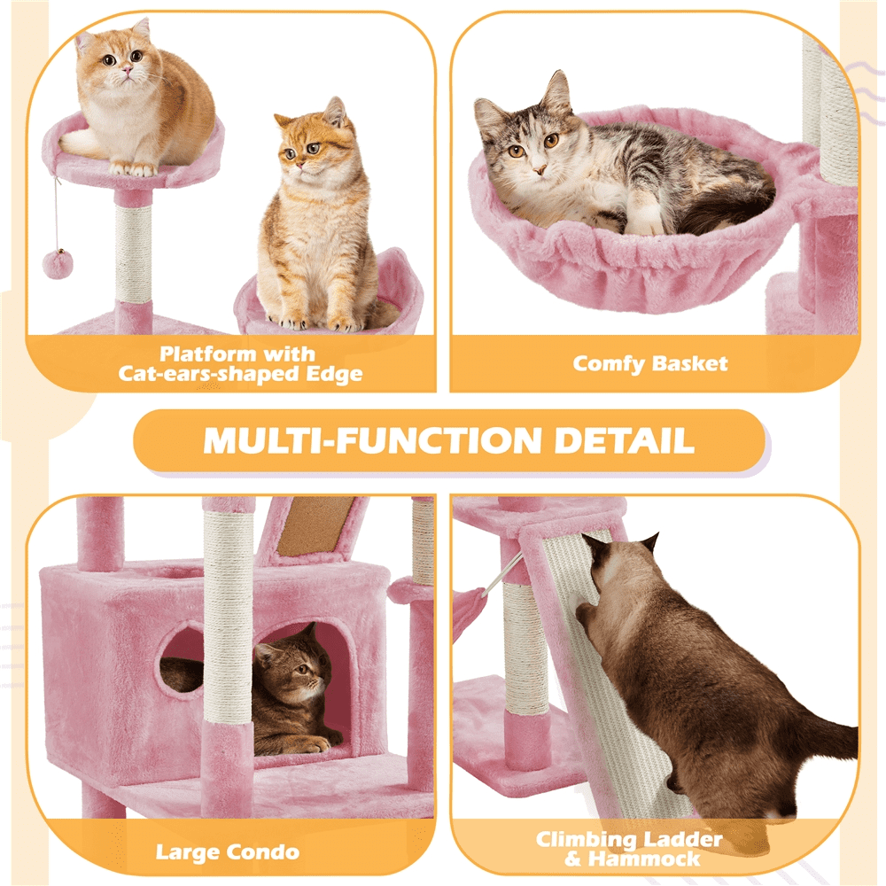 Alden Design 82.5" H Multi Level Cat Tree with 2 Cozy Condos and Basket, Pink