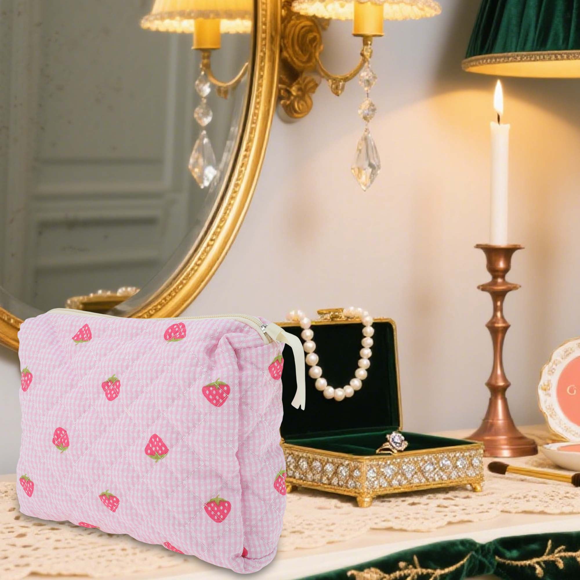 Unique Bargains 1 Pc Strawberry Makeup Bag Pink [Quilted Stripe Strawberry Square Medium]