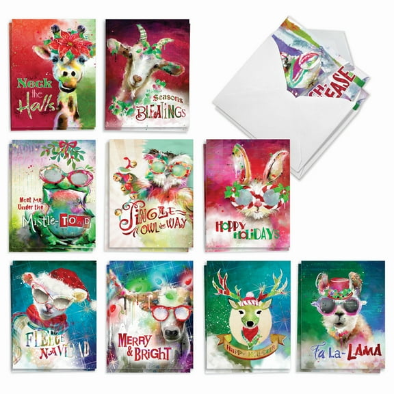20 Merry Christmas Note Cards Pack (10 Designs, 2 Each) - Sassy Seasonal Animals (4" x 5.12") AM8850XSG-B2x10