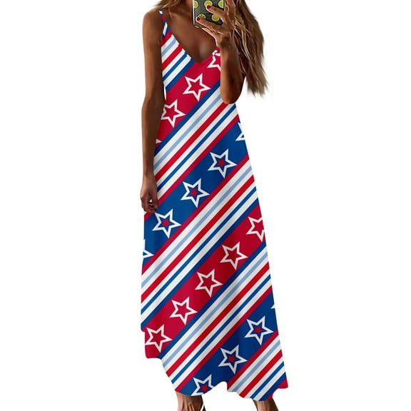 Women's Patriotic Red White Blue Star Print Maxi Dress, Loose Fit Summer Beach Sundress for Independence Day 4th of July,Dark Blue L