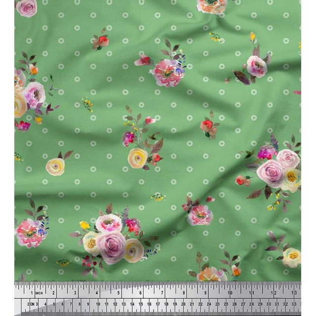 Soimoi Green Modal Satin Fabric Leaves,Small Circle & Floral Printed Fabric 1 Yard 42 Inch Wide