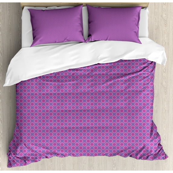 Abstract Duvet Cover Set King Size, Geometry Inspired Round Floral Motif in Energetic Colors Print, Decorative 3 Piece Bedding Set with 2 Pillow Shams, Blue Violet Pink and Fuchsia, by Ambesonne