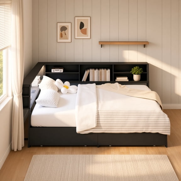 Full Corner Daybed with Storage Bookcase Headboard, LED Light and Built-in Charging Station, Space-Saving Frame with Under-Bed Drawers, Black