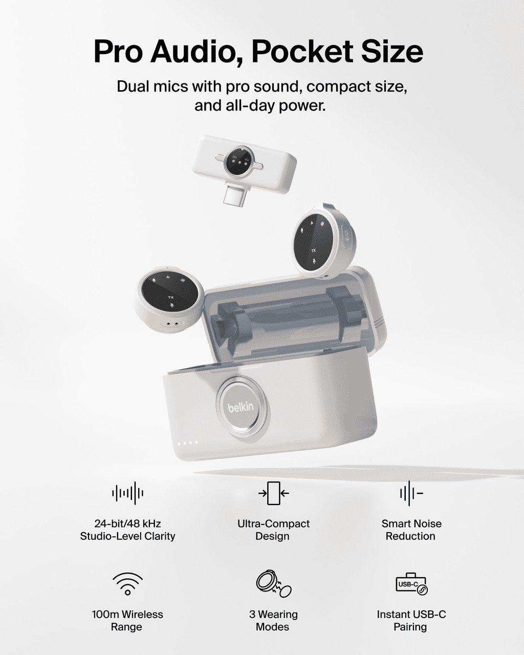 Belkin Stage Wireless Microphone, Dual Clip On Mics for iPhone 17/16/15, Android, 24-bit/48 kHz, Noise Reduction, Magnetic Mini Omnidirectional Mic for YouTube, Podcast, Vlogging, 36H Battery