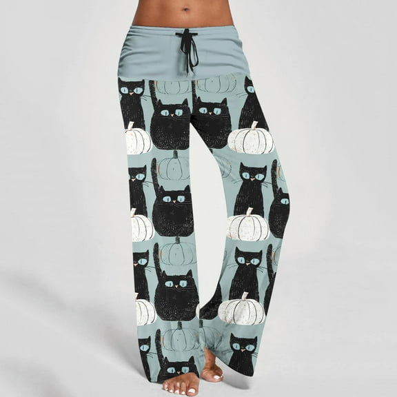WXLWZYWL Halloween Pajama Pants for Women Cute Pumpkin Print Lounge Pants Comfy Drawstring Wide Leg Palazzo Pants with Pocket