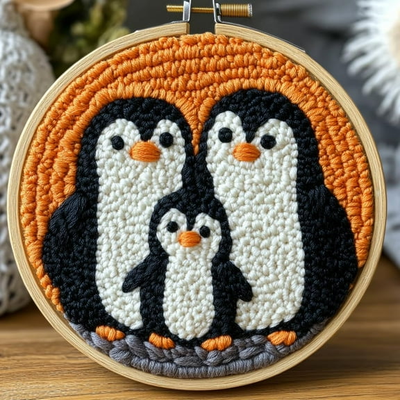 DIY Punch Needle Kits Penguin Family Easy for Beginners Punch Needle Embroidery Set with Hoop Stamped Pattern for Craft lovers and Home Decor-1