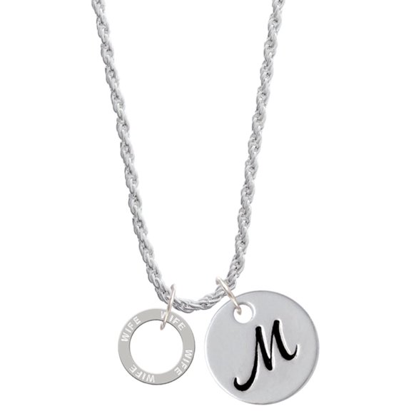 Delight Jewelry Silvertone Wife Eternity Ring Silvertone Script Initial Disc - M - Charm Necklace, 20"+3"