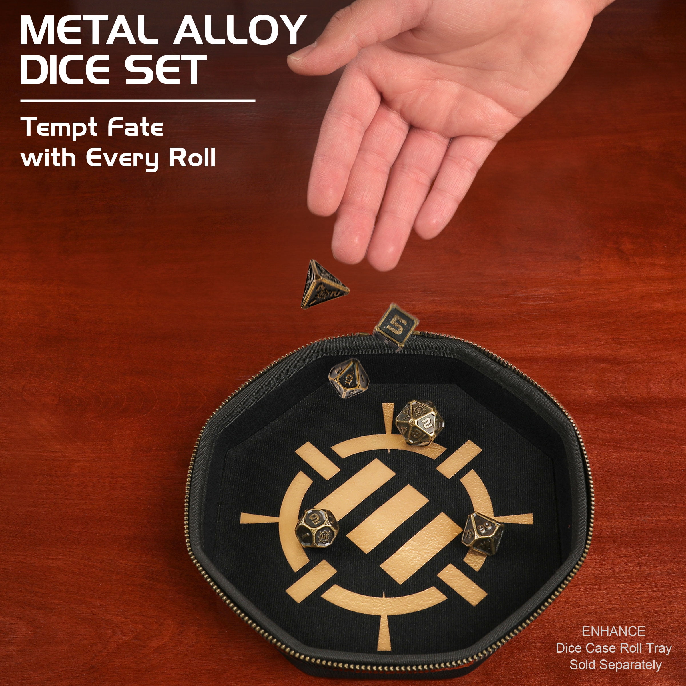 ENHANCE DnD Metal Dice Set - 7pc Solid Zinc Alloy Polyhedral DnD Dice with Storage Case and Dice Bag