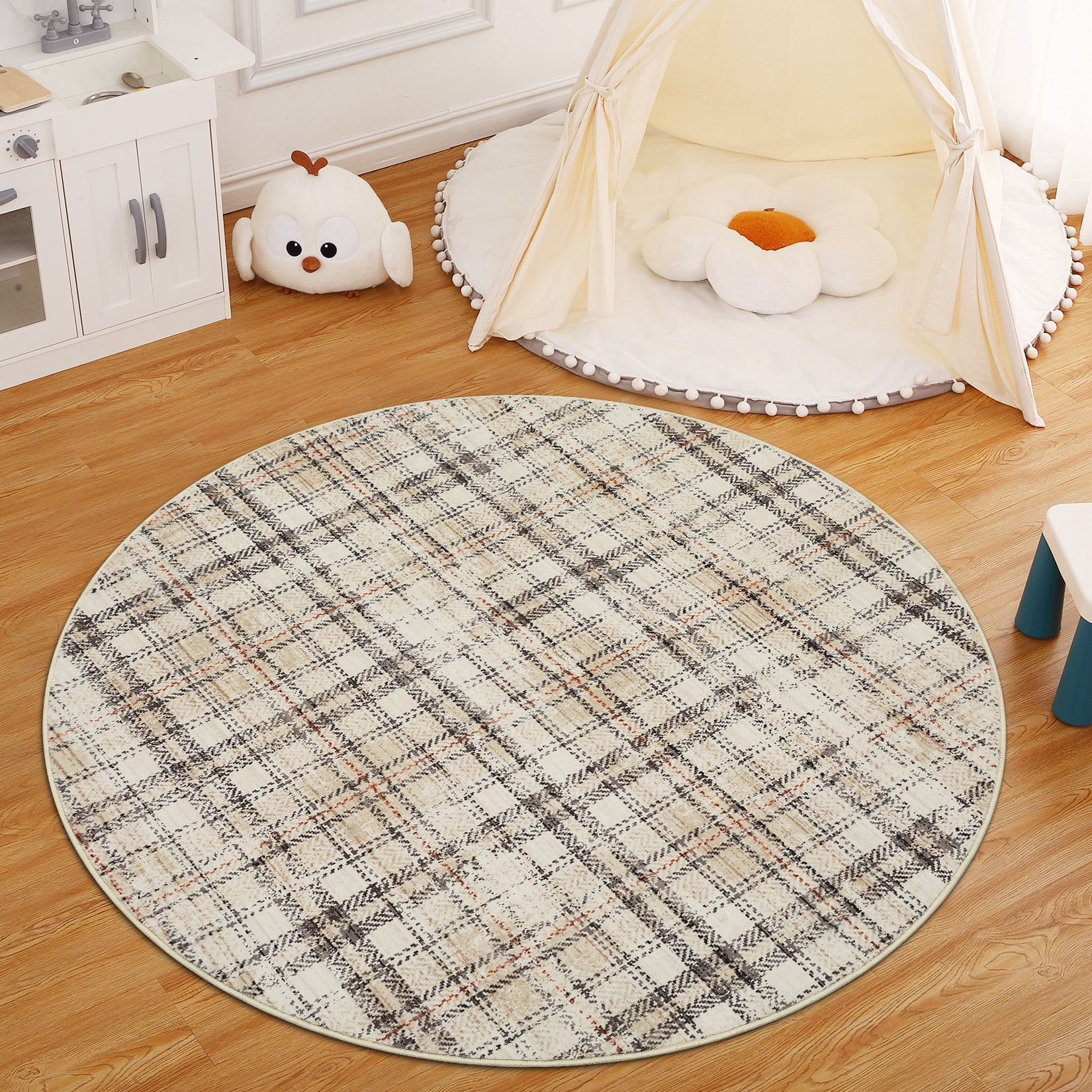Garvee Plaid Area Rug 6x6ft Modern Round Washable Rug, Non Slip Stain Resistant Rug Geometric Carpet for Living Room Bedroom Home Office, Beige
