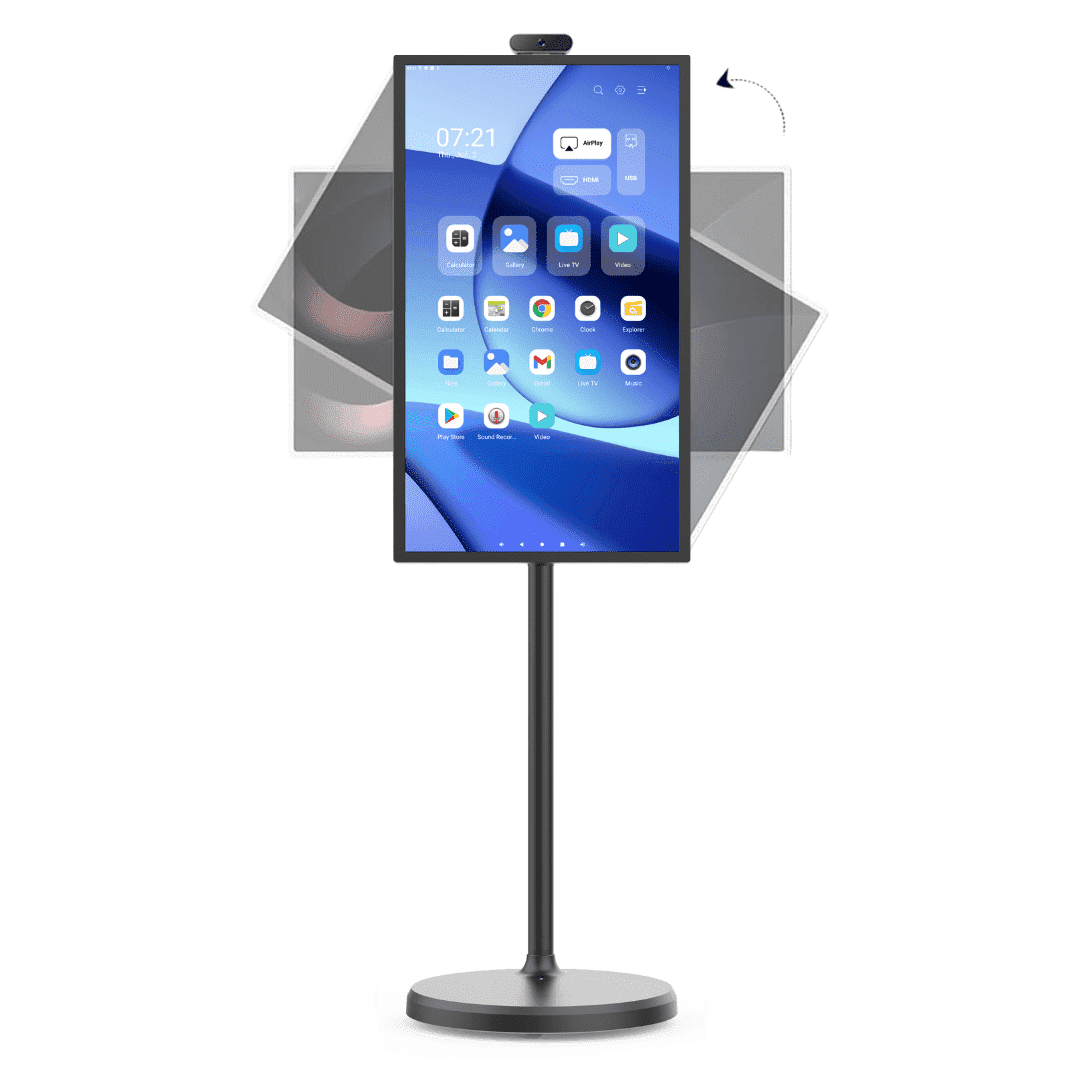32 Inch Mobile Portable TV Stand on Wheels Support Google Store Full Swivel Rotation Portable Touch Screen Monitor Built-in Battery Smart Rolling Tablet TV 4K Camera Remote Control Black