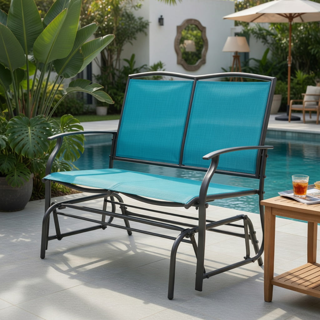 Hommoo Iron Outdoor Rocking Loveseat, Heavy-Duty Steel & Textilene Patio Chair for Backyard, Deck or Porch, 2-Person Relaxation Rocker, Turquoise