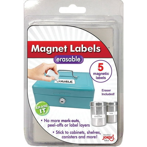 Jokari Erasable Magnetic Labels Kit, 4 x 1 Inch, 5 Count, Sticks to Metal