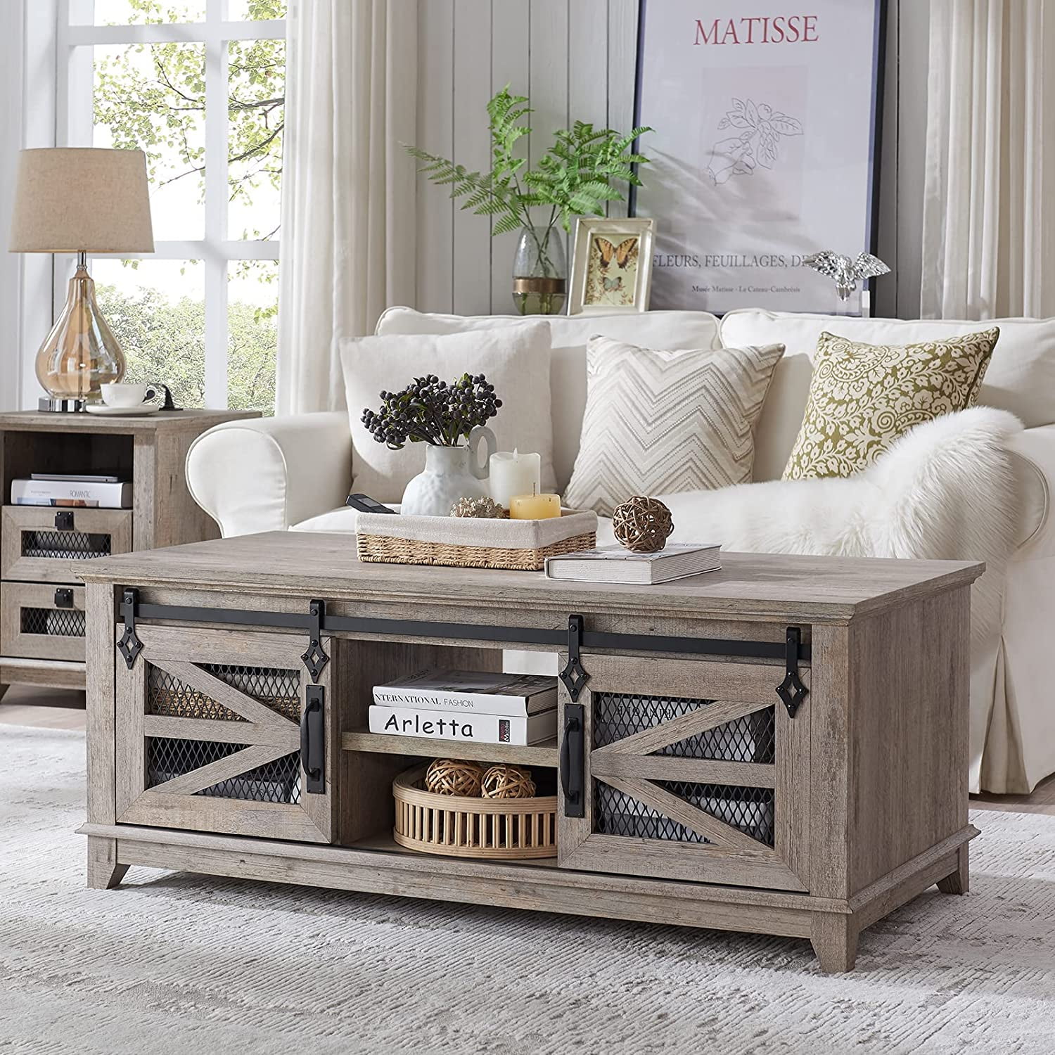 OKD 48" Farmhouse Coffee Table with Storage & Sliding Barn Doors, Light ...
