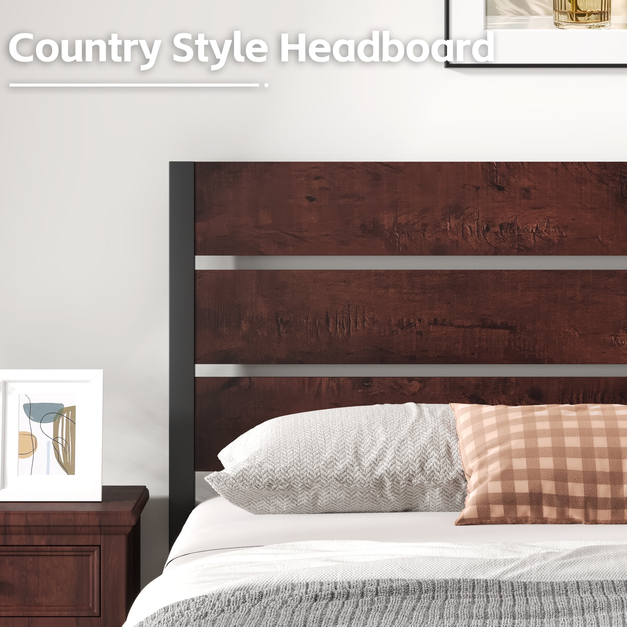 Fluest Full Bed Frame with Rustic Vintage Wood Headboard and Footboard, Metal Support, Vintage Brown