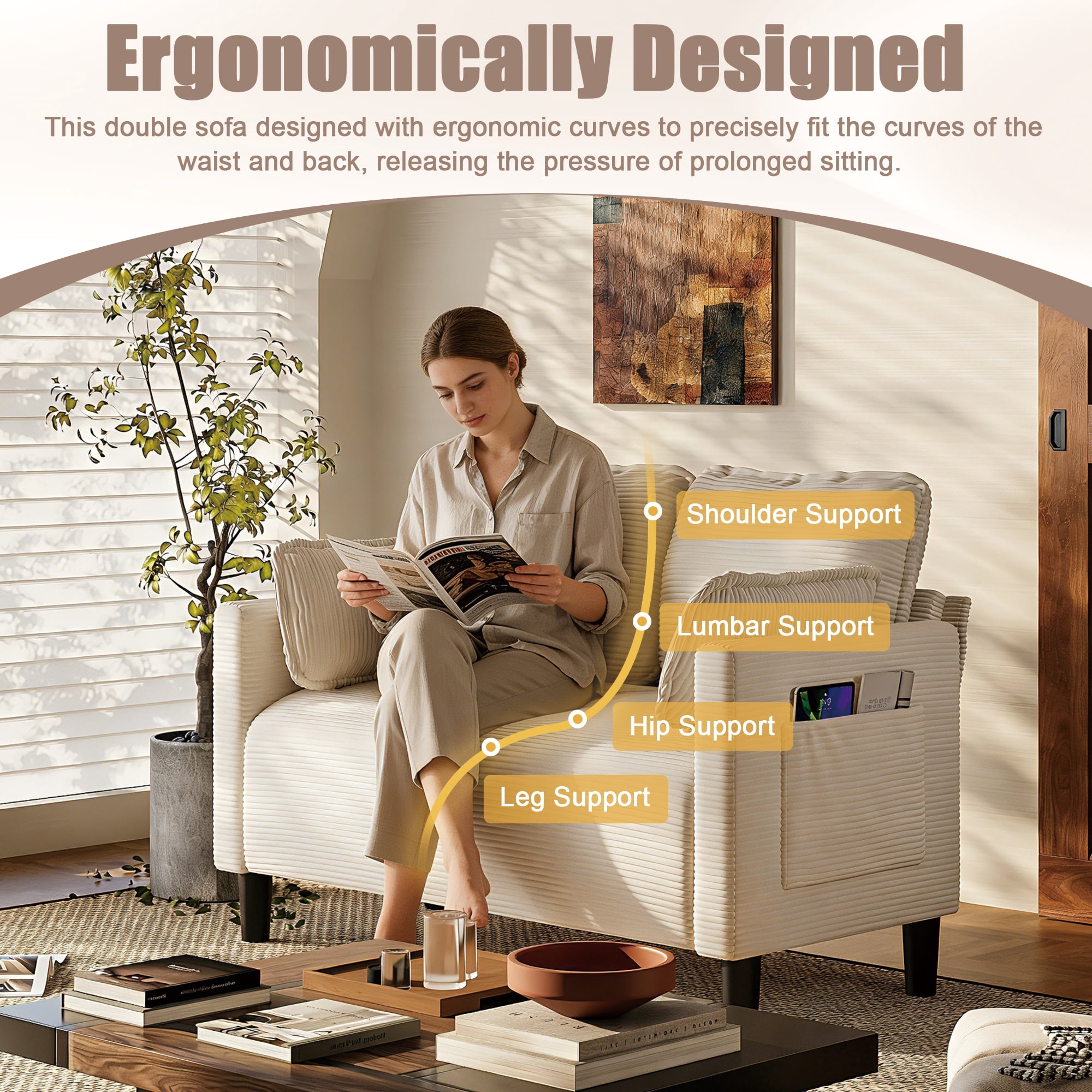 Loveseat Couch, 48 Inch Sofa, Corduroy Sofa with Convenient Side Storage Pocket, Composite Board and Solid Wood Frame, for Apartment Dorm Office, Beige