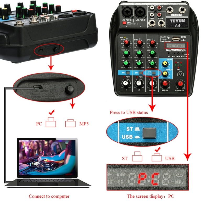 Tu04 BT Sound Mixing Console Record 48V Phantom Power Monitor Aux Paths Plus Effects 4 Channels Audio Mixer with USB, Size: 185, US Plug