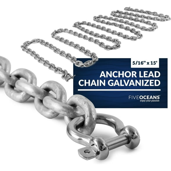 Five Oceans Galvanized Steel Chain, Boat Chain with 2 Stainless Steel Screw Pin Bow Shackle Link Ends 1/4-Inch or 5/16-Inch Width