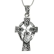 FASHIONJUNKIE4LIFE Sterling Silver Celtic Claddagh CZ Cross Pendant Necklace, 18" Snake Chain