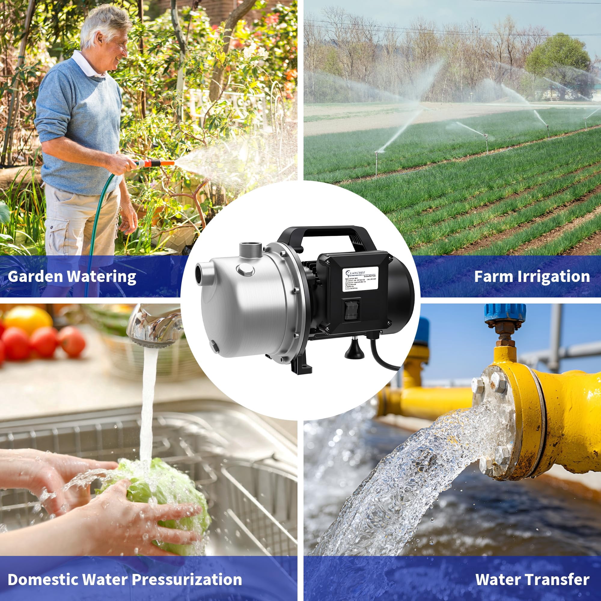 LANCHEZ 1 HP Shallow Well Pump, 115V Stainless Steel Water Transfer Irrigation Booster Jet Pump