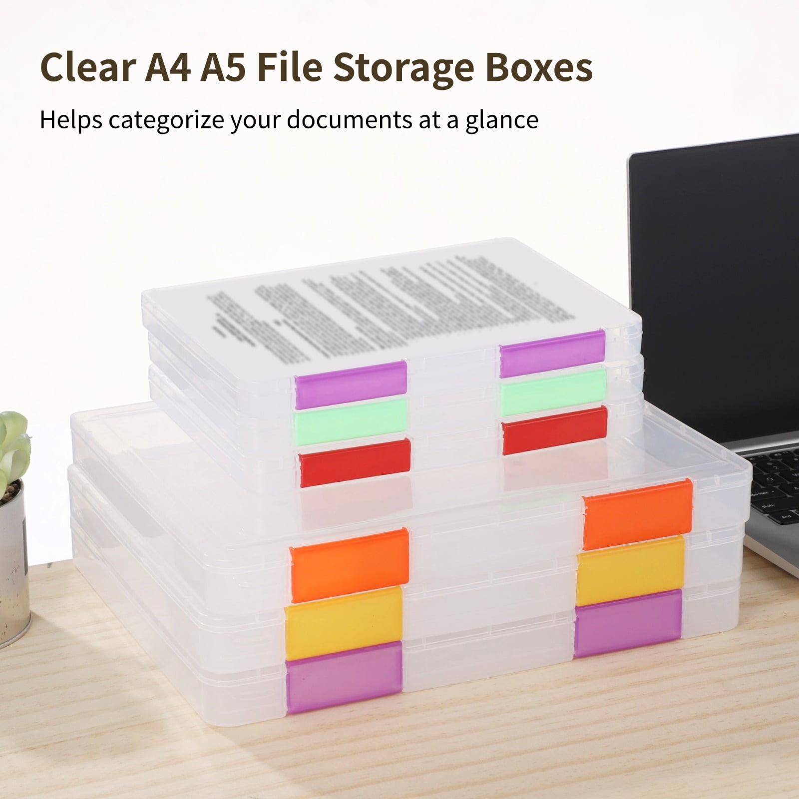 12 PCS Clear A4 A5 File Boxes, Plastic Paper Organizer with Color Buckles and 54 Labels, Stackable Magazine Protector Cases, Transparent Document Case for Office, School, Home