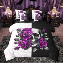 Feelyou Black Purple Rose Bedding Comforter Set 7 Pieces, Romantic Gothic Skeleton Full Bedding Set, Valentine's Day Theme Reversible Fitted Sheet Flat Sheet, Breathable Home Decor