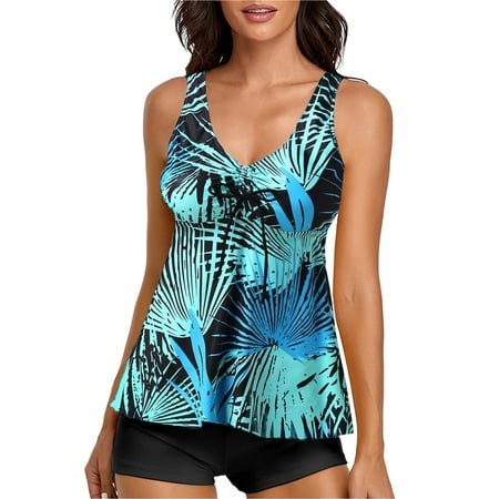 Winter Saving! Yievot Women Swimsuits Leaf Print Strap Sling Swimwear Top with Boyshorts Two Pieces Bathing Suit for Women on Clearance
