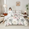 thumbnail image 4 of Manfei Tropical Blossoms King Size Comforter Sets for Girls, Peony Floral Bedding Comforter Set, Tropical Flower Bedding Set, Pink Beige Gray, Reversible 3pcs, 4 of 8