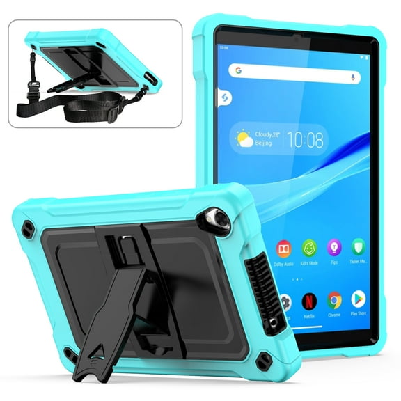 Allytech Shockproof Case for Lenovo Tab M8 / Smart Tab M8 / Tab M8 FHD TB-8505F / TB-8505X 2019 8.0 Inch, Kickstand Shoulder Strap Rugged Drop Protection Bumper Defender Kids Friendly, Aqua Black