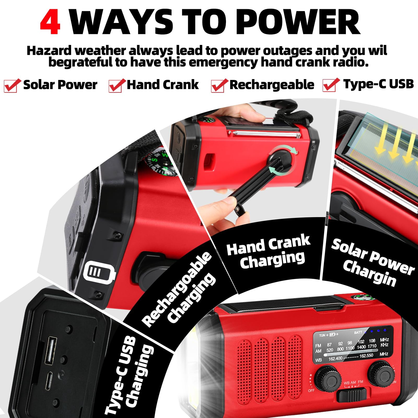 Emergency Weather Radio 37000mwh Portable Noaa/am/fm Crank  Reading Light Solar Sos Flashlight Multiple Power Sources For Hurricanes And Emergencies