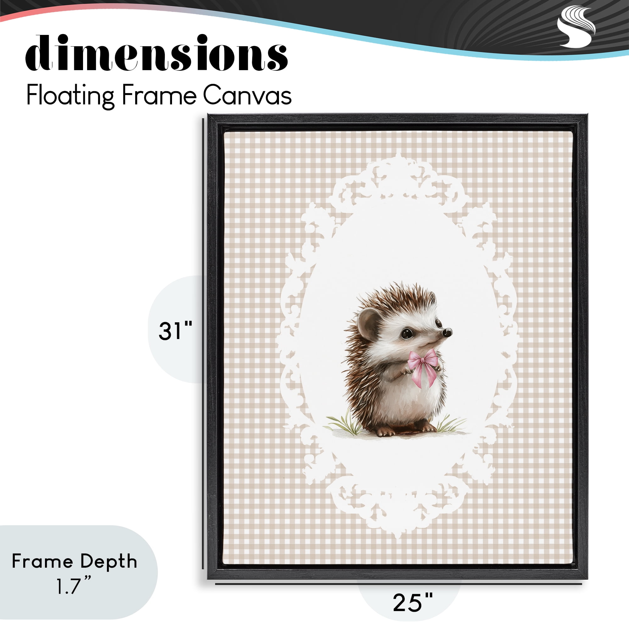 Stupell Industries Vintage Bow Hedgehog on Gingham Black Framed Floater Canvas Wall Art, design by Christine Simpson Art