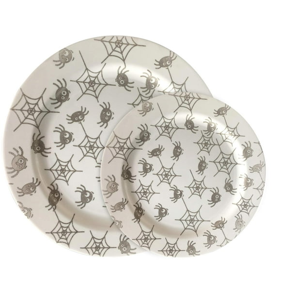 Party Joy 120-Piece Plastic Dinnerware Set | Halloween Plates | Fun Spider Webs Collection | (60) 10.25" Dinner Plates & (60) 7.5" Salad Plates | Heavy Duty Premium Plastic Plates