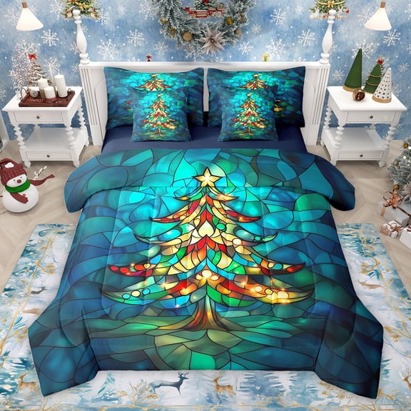 Homewish Bohemian Xmas Tree Twin Bedding Sets 7-Piece, Vintage Fashion Abstract Bedding Comforter Set, Teens Kids Boys Girls Reversible Sheet Sets, Microfiber Bedroom Decor