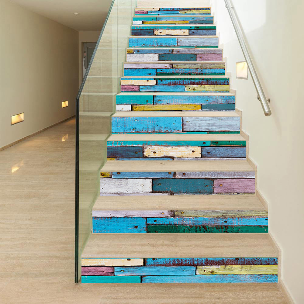 Stair Stickers WALL Home Rustic Colorful Patchwork Wooden Printed Stairs Self Adhesive Decoration Wall Sticker 39.37"x7.09"