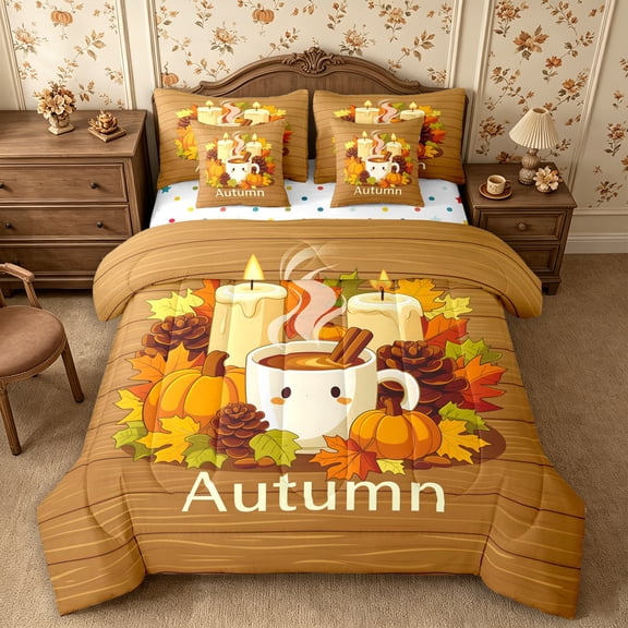 Erosebridal Autumn Leaves 7-Piece Twin Bedding,Happy Fall Bedding Comforter Set,Brown,Reversible