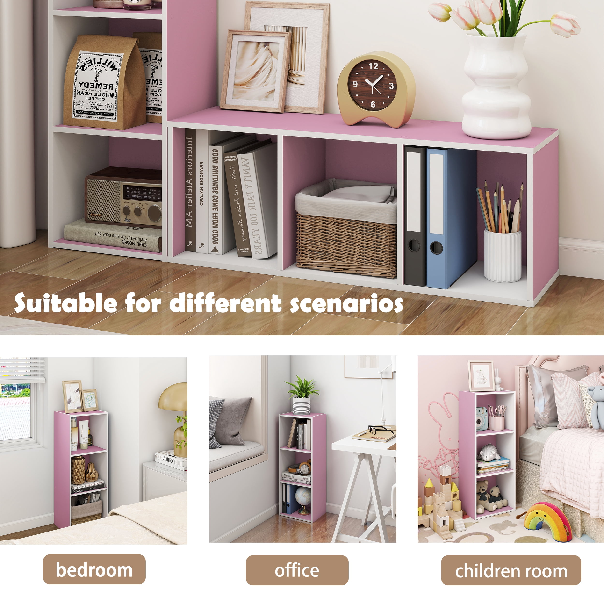 HOMLUX Luder 3-Tier Cube 31.5" Bookcase, Wood Storage Shelf, Small Bookshelf for Home Office & Bedroom, White & Pink