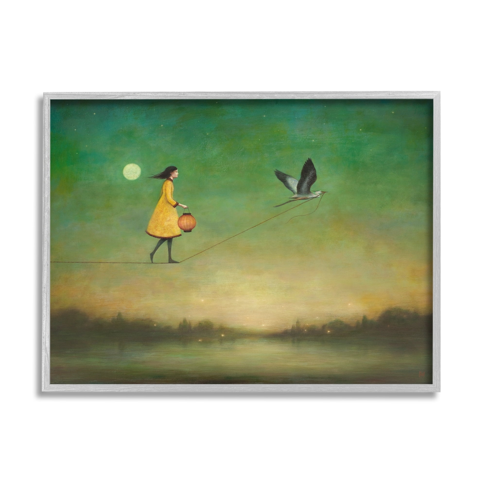 Stupell Industries Girl Following Bird Yellow Dress Vivid Green Landscape Framed Wall Art, 30 x 24, Design by Duy Huynh