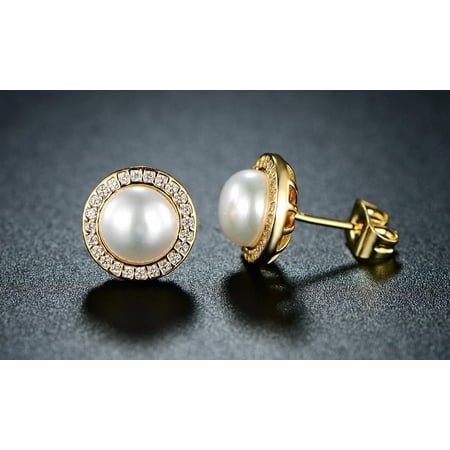 Paris Jewelry 24K Yellow Gold White Freshwater Pearl Halo Round 3 CT Stud Earrings Gift for Women plated Paris Jewelry 24K Yellow Gold White Freshwater Pearl Halo Round 3 CT Stud Earrings Gift for Women plated