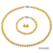JYX Pearl 6-7mm AA Golden Freshwater Cultured Pearl Necklace Bracelet and Earrings Jewelry Set