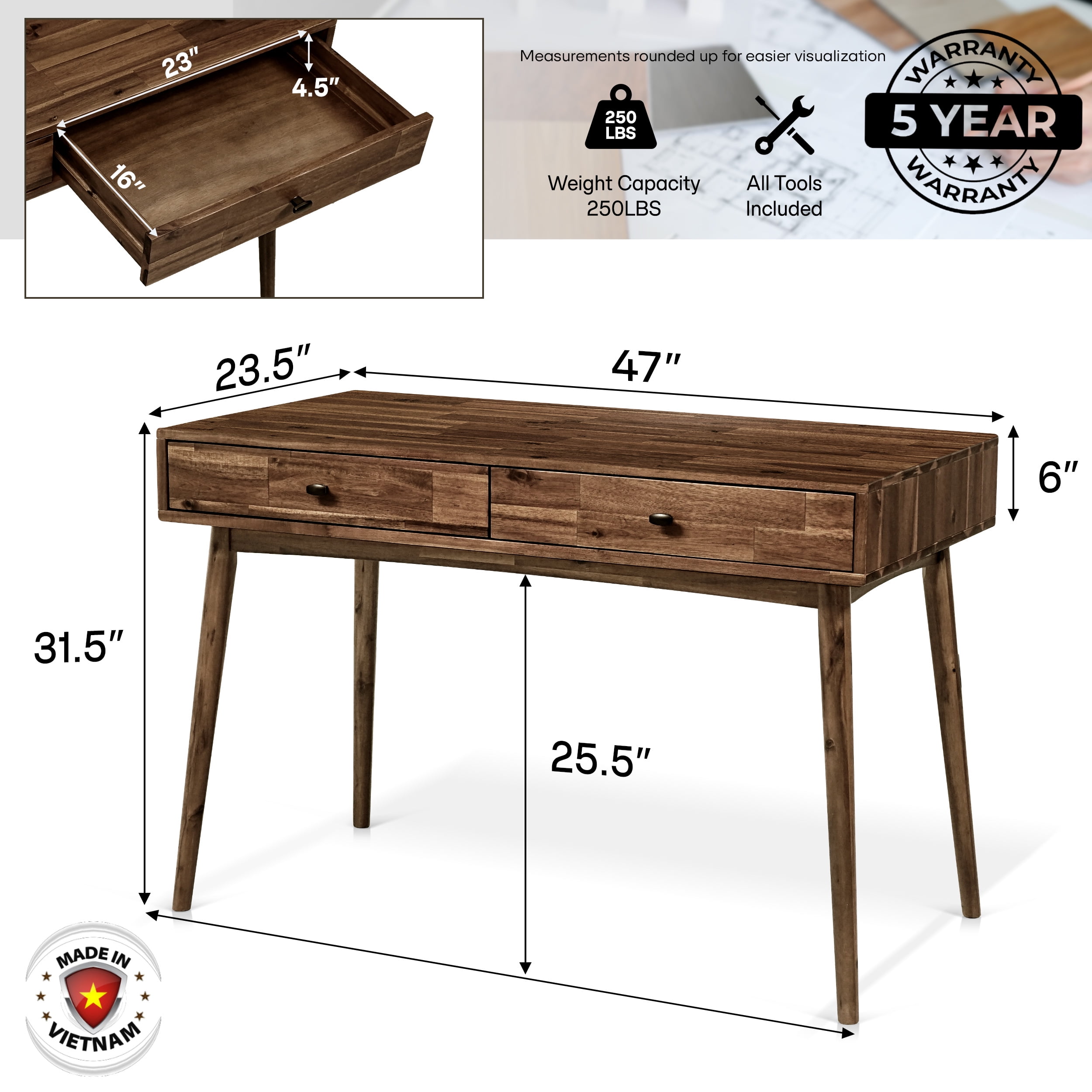 Acacia Lagom 48" Solid Wood Work Desk with Drawers Office Desk for Home Office, Walnut