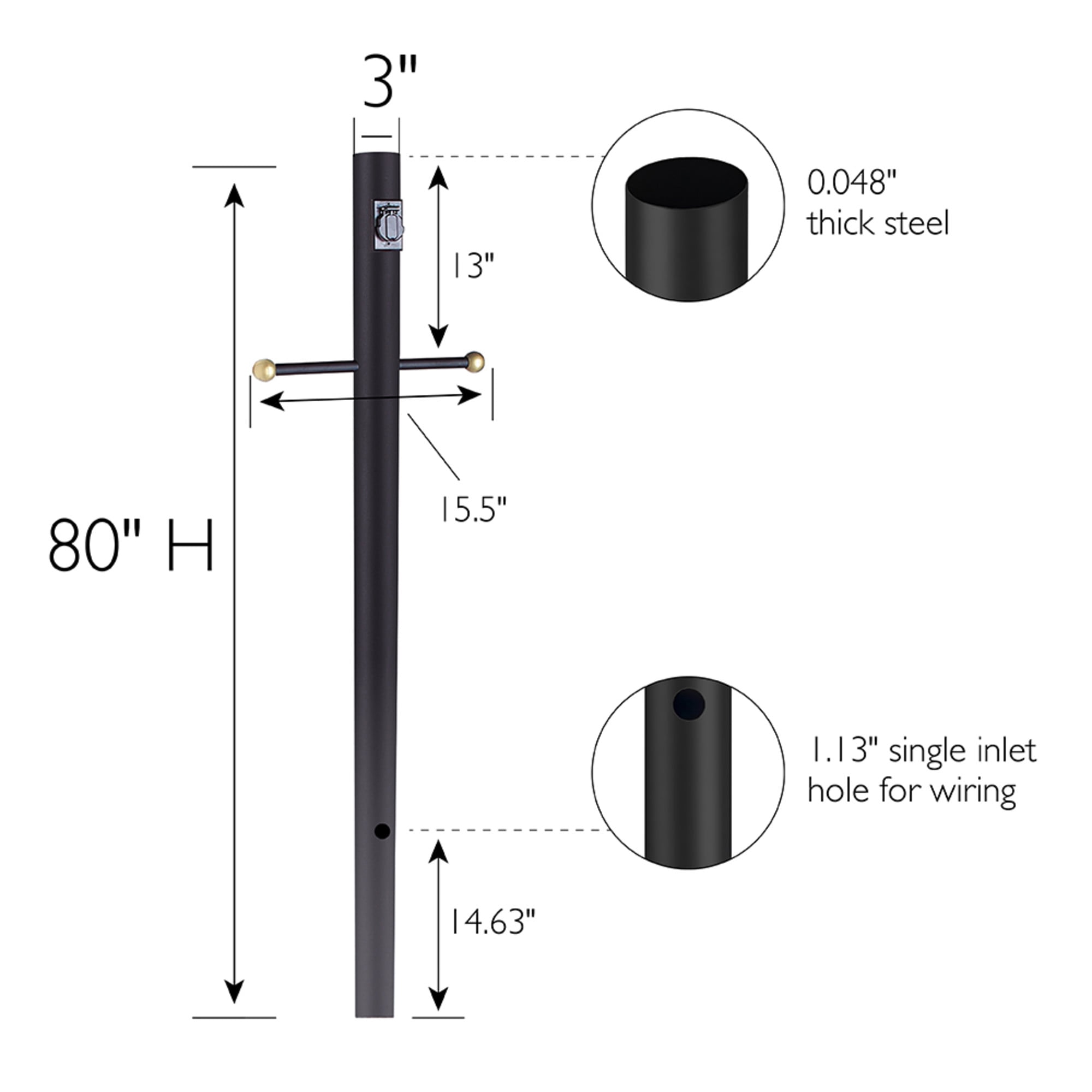 Black Traditional Outdoor Lamp Post with Cross Arm and Outlet, Weather-Resistant, 80 In. x 3 In., Direct Burial