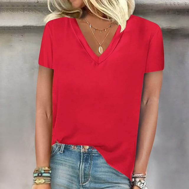 AherBiu T-Shirts pour Femmes Col en V Été Manches Courtes Hauts de Sortie Légers Basiques Unis T-Shirt Blouses